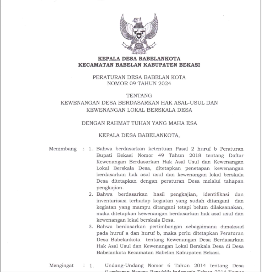 Peraturan Desa Babelan Kota Nomor 09 Tahun 2024 Tentang Kewenangan Desa